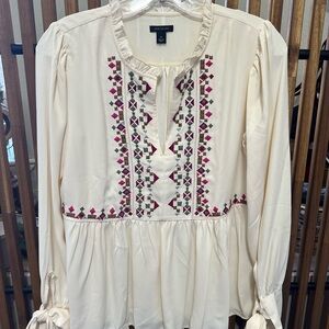 Ann Taylor Cream Peplum Tunic with Pink and Olive Embroidery Bow Sleeves